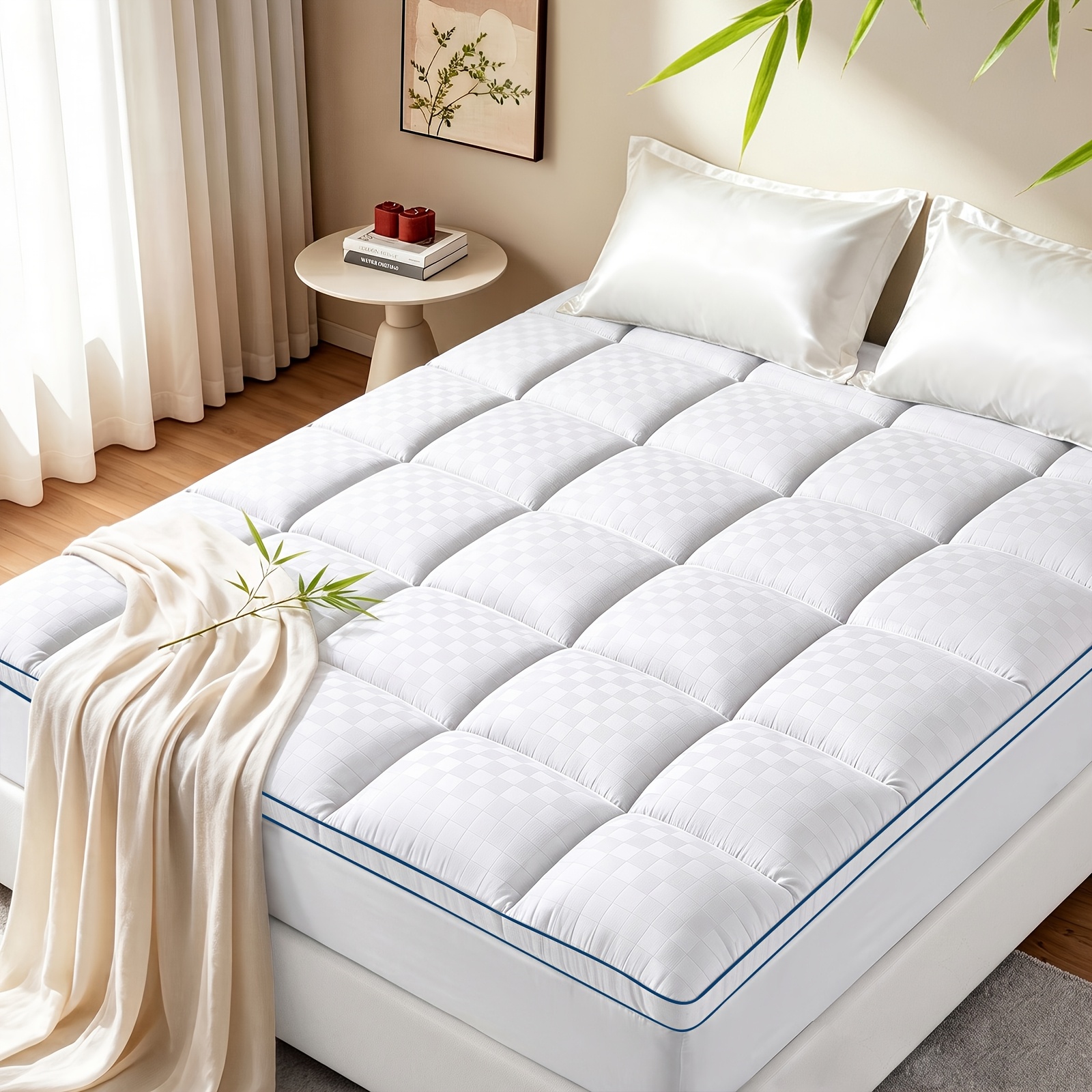 TEMU Surmatelas de luxe rafraîchissant avec grand motif matelassé carré - Rembourrage alternative en duvet 1200GSM, Housse ultra-douce et respirante,