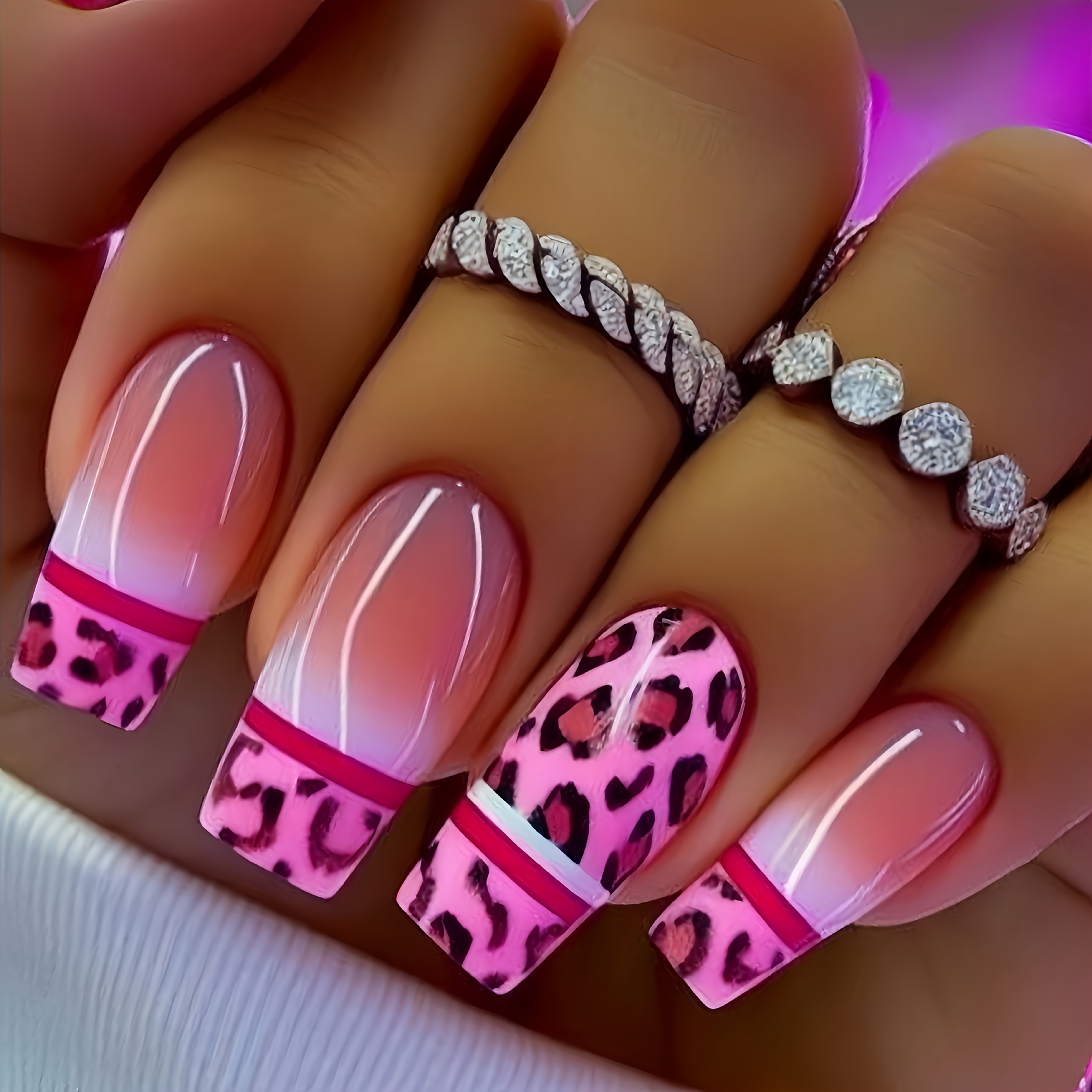 Long Press-on Nails - Pink Leopard Print & Gradient Glossy Fake Nails, Reusable False Nails With Ombre Design For Women, Parties, Events, Event Manicure, Pattern, Easy Application