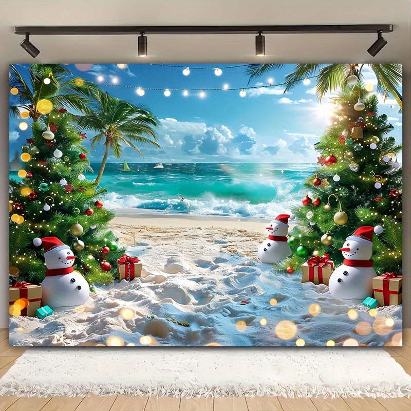 

Vibrant Beach & Seaside Christmas Backdrop - Polyester, Snowman & , Living Room, Outdoor Decor, Live Streaming & Photo Booths, 39x59" Or 70.8x90.5