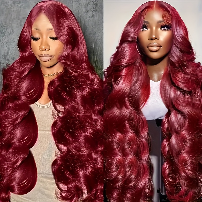 Image of Burgundy 99j Body Wave 13x4 Transparent Lace Front Human Hair Wig For Women Brazilian Human Hair Lace Frontal Wig With Baby Hair Red Wine Color 250% Density