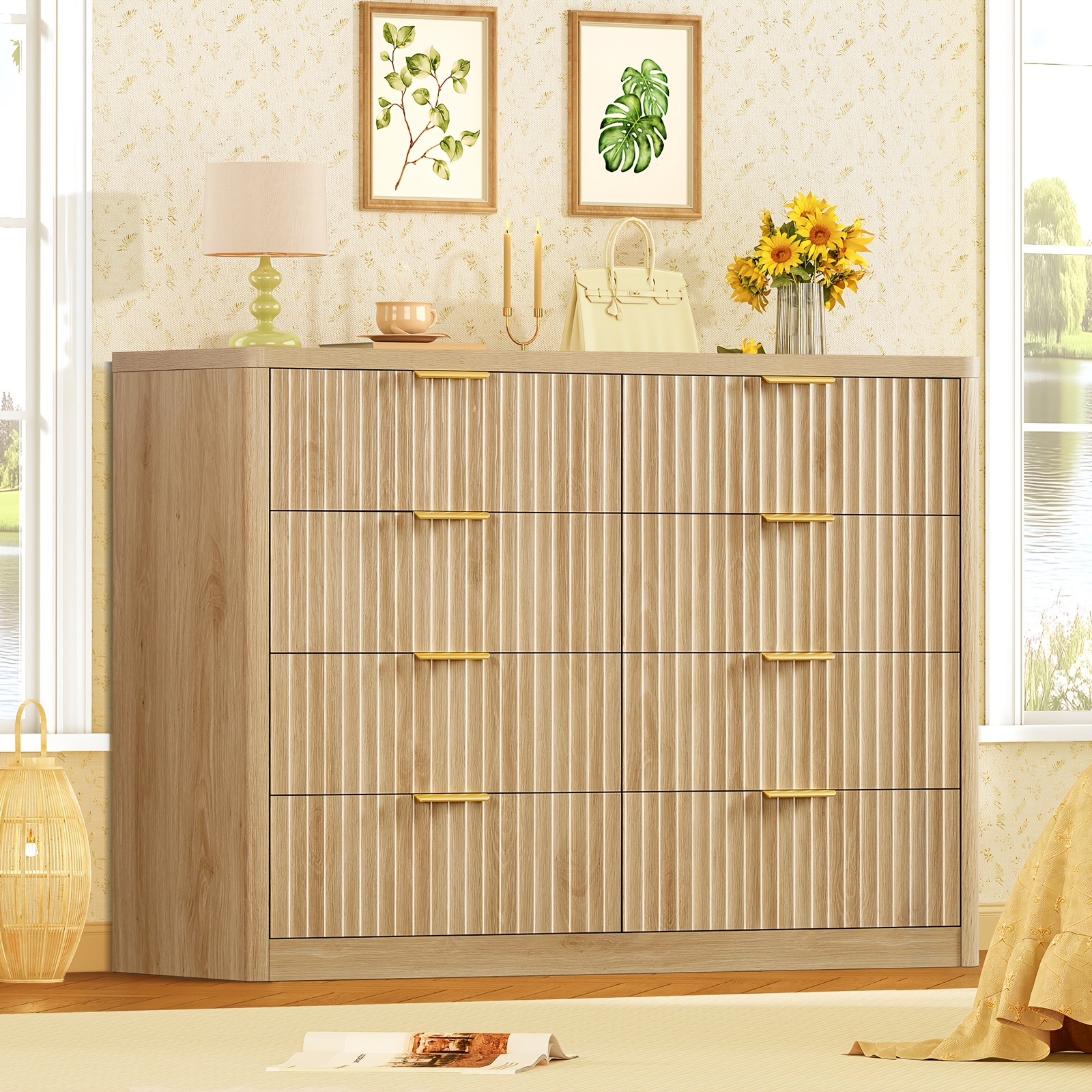 Image of 8-drawer Dresser For Bedroom, Modern Fluted Chest Of Drawers, Natural Oak Wood Storage Dresser Organizer With Golden Handles, Wide Dresser Cabinet For Living Room, Entryway, Closet
