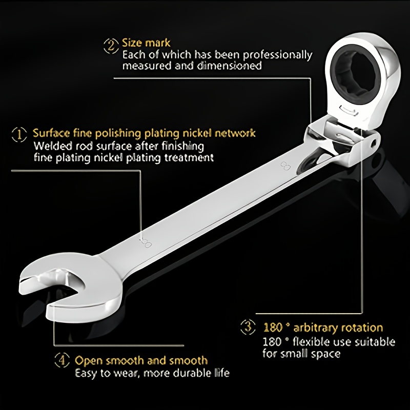 TEMU 1pc Flexible Head Ratchet Wrench 8mm, Metric Size, Chrome Vanadium Steel Construction, 72-tooth Ratchet Mechanism For Smooth Rotation, Open And