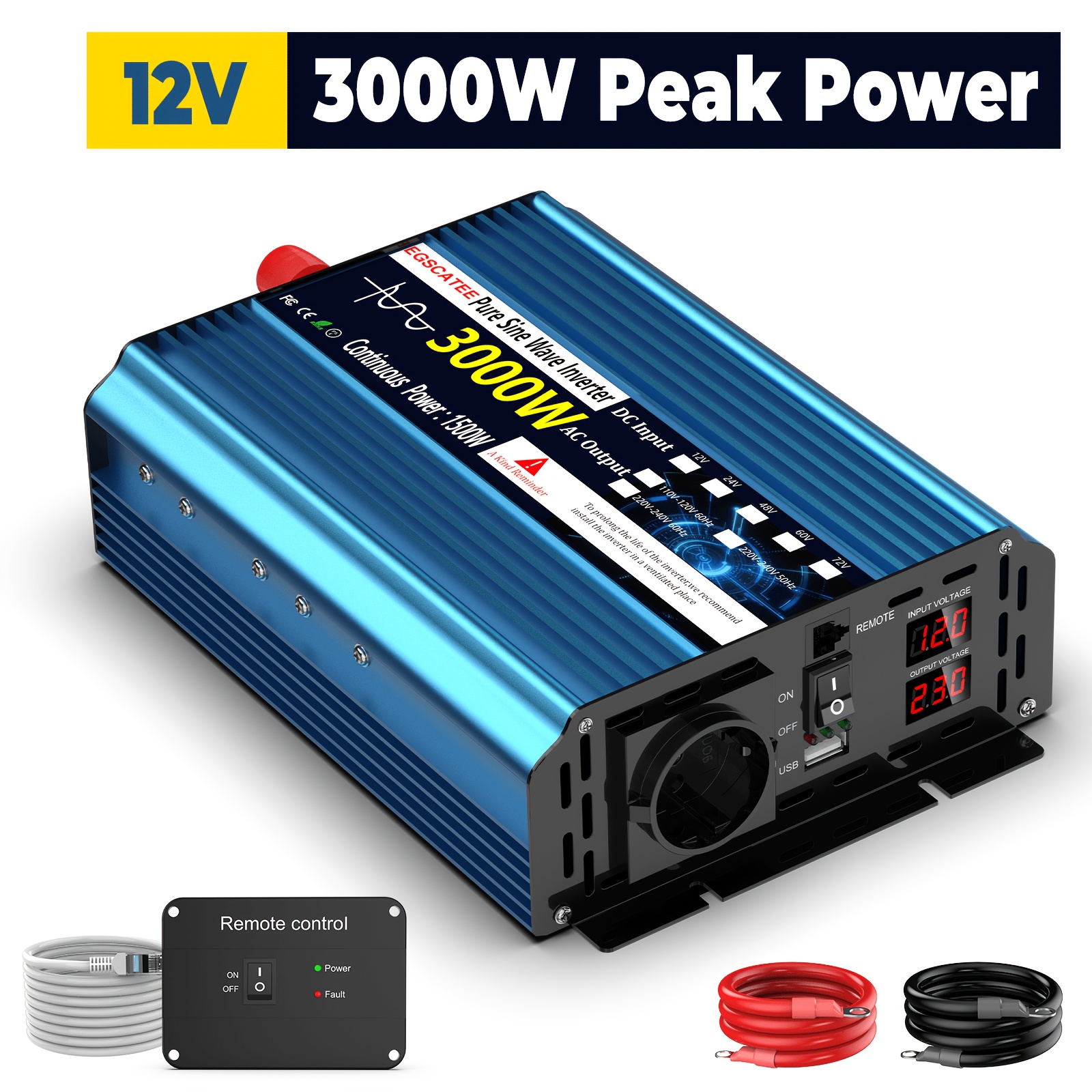 Image of 1500w/3000w Pure Sine Inverter 12v 24v To 230v Ac With Remote Control, 2 Lcd Displays, 3.1a Usb Port, For Family, Rv, Truck, Road Trip, Emergency, Car Additions, Tools, Battery Not Included