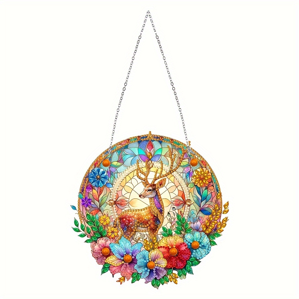 

5d Diy Diamond Painting Kit Acrylic Suncatcher - Stained Glass Style Deer In Flower Garden - Irregular Shaped Beads Craft Set For Home Decor & Gift - Animal Themed Hanging Ornament