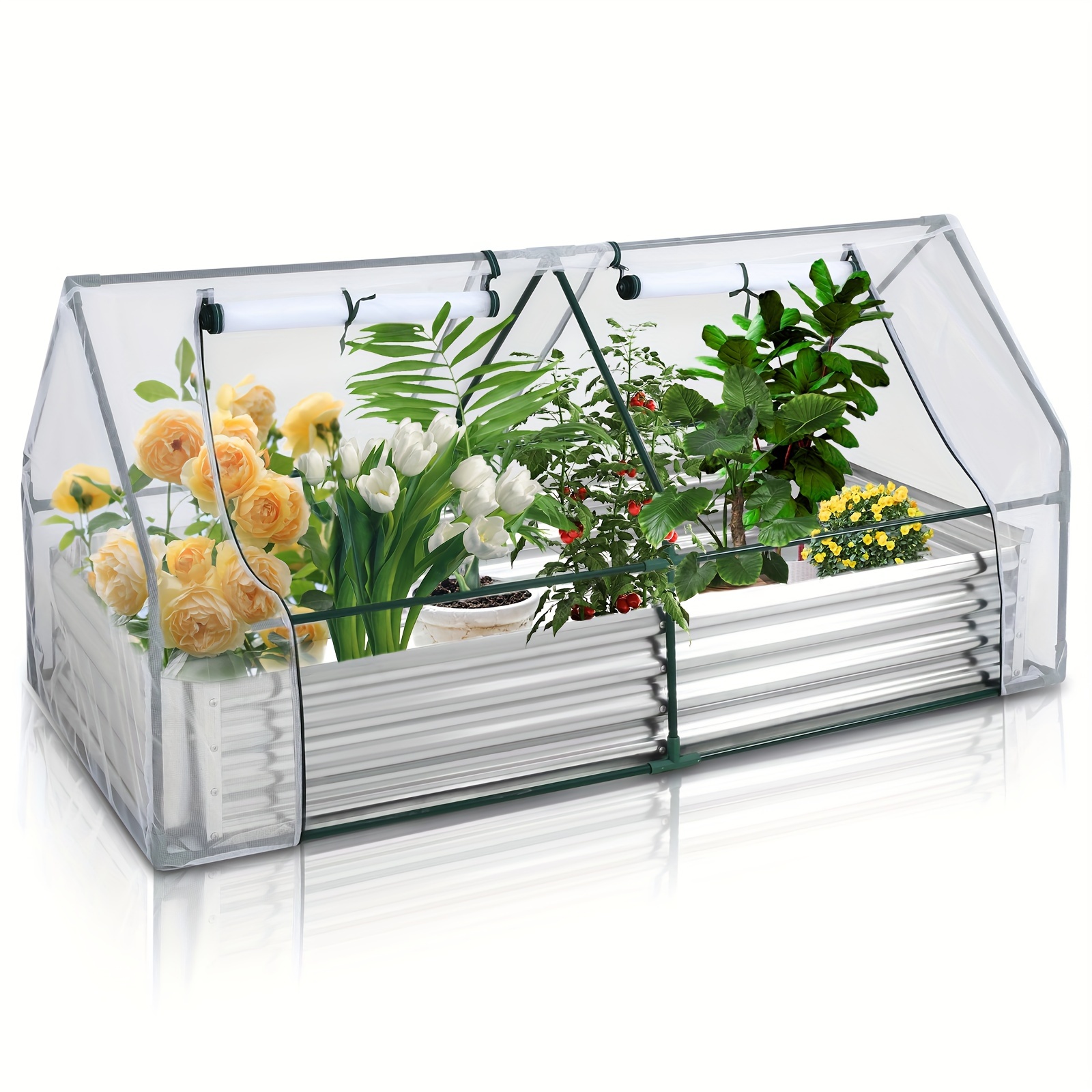 

6x3x3ft Galvanized Raised Garden Bed With Extra Thick Metal Planter Box Greenhouse Kit, With 2 Large Screen Windows Mini Greenhouse, Outdoor Growing Vegetables