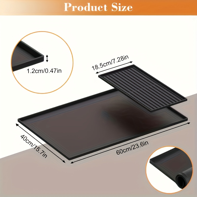 2-in-1 silikoninė kavos pagalvėlė su pakeltomis kraštinėmis, 59.94x39.88 cm dydžio, skirta apsaugoti jūsų kavos stalviršiui. Tinka kavos aparatams ir lašeliniam džiovintuvui, neslystančiu dizainu ir išimamu sugeriančiu kilimu