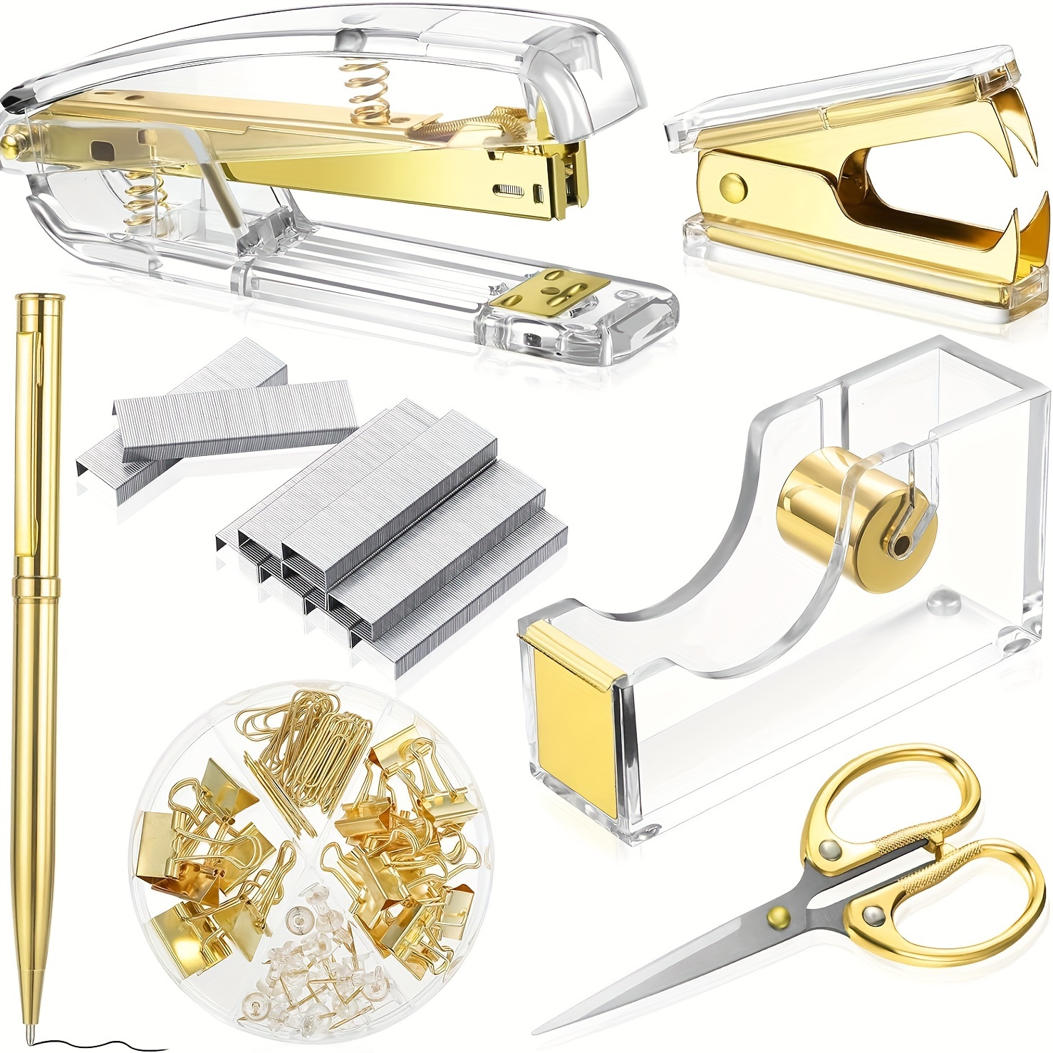 

Gold Acrylic Desktop Stapler Set With Manual Operation Mode - Includes Staple Remover, Tape Dispenser, Binder Clips, Paper Clips, Ballpoint Pen, Scissors, And 1000 Pieces 26/6 Staples