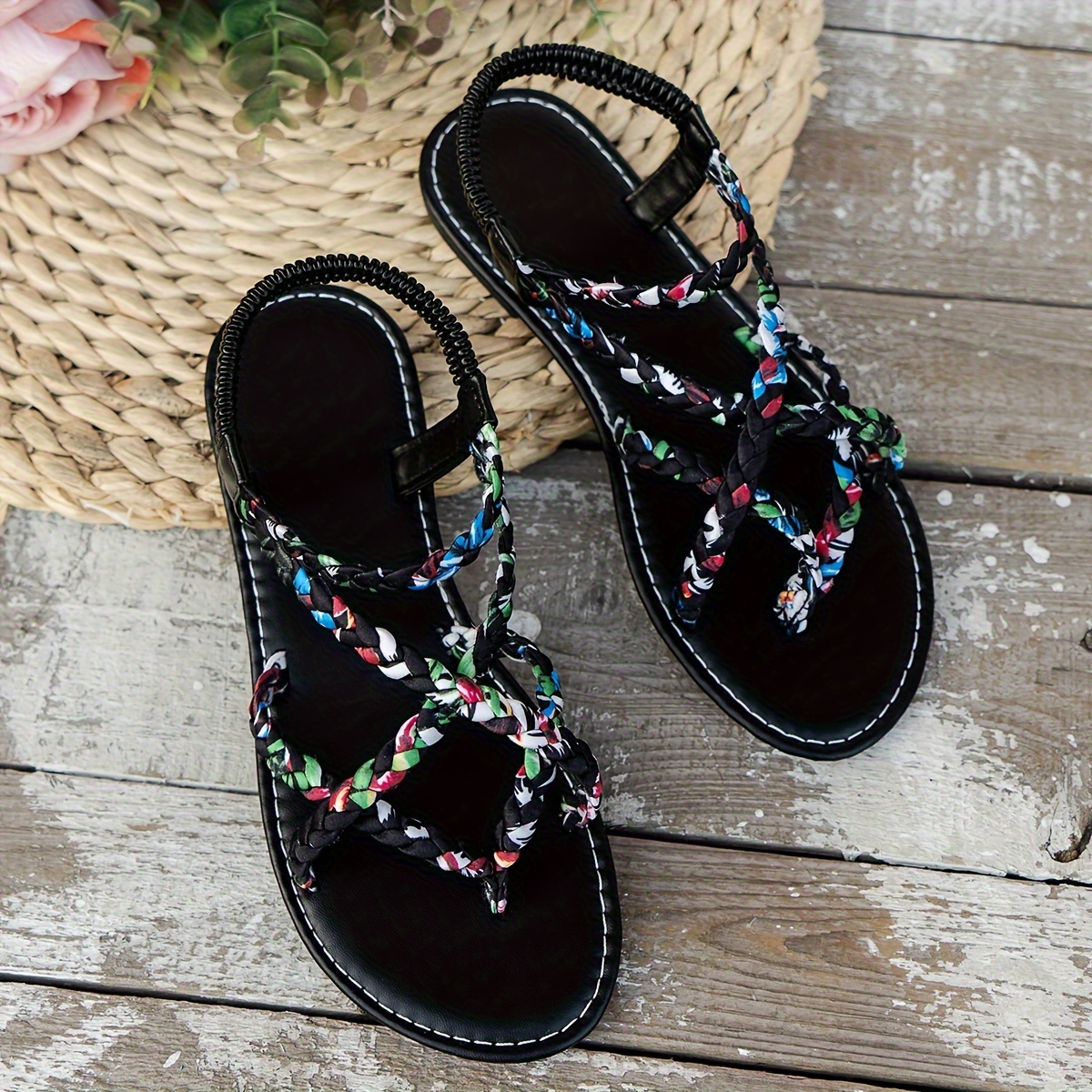womens bohemian flat sandals colorful braided straps open toe rubber sole synthetic insole   beach and   footwear bohemian style rubber sole sandals Product details 9