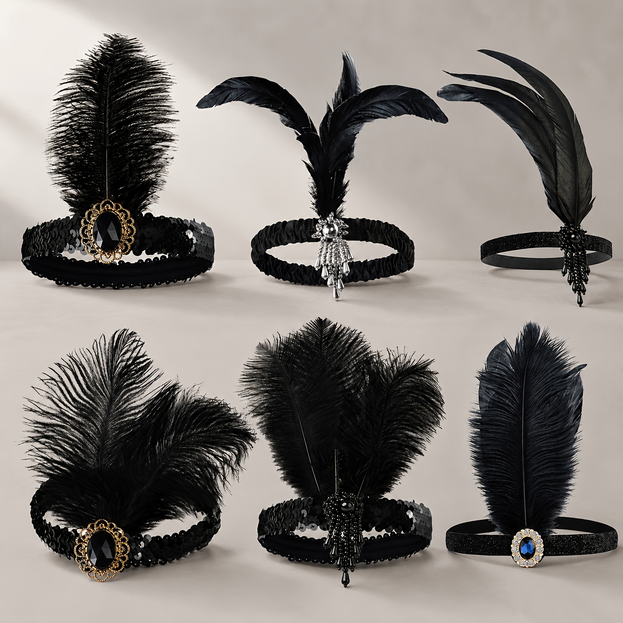 TEMU 6pcs Set 1920s Feather Headband, Black Sequin Vintage Flapper Headdress, Rhinestone Fringe Elastic Headband, Suitable For Party, Halloween,
