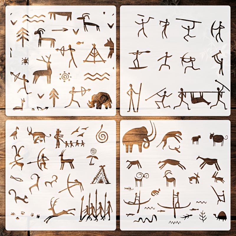 TEMU Ensemble de 4 gabarits de peinture rupestre préhistorique, 15 cm (5,9 pouces) réutilisables, figurines de chasse de primitive, gabarits de