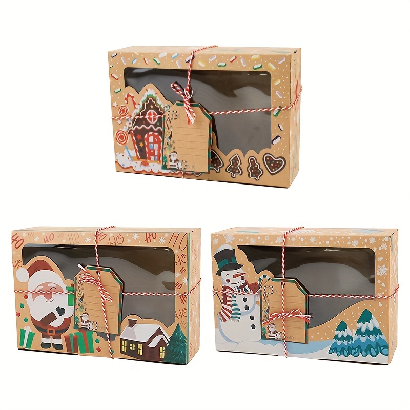 

3/6/9/12pcs, Christmas Cookie Boxes, Christmas Treat Boxes For Donuts Cupcake Candy Gift , Holiday Gift Christmas Kraft Paper Boxes With Christmas Tags & Ribbons