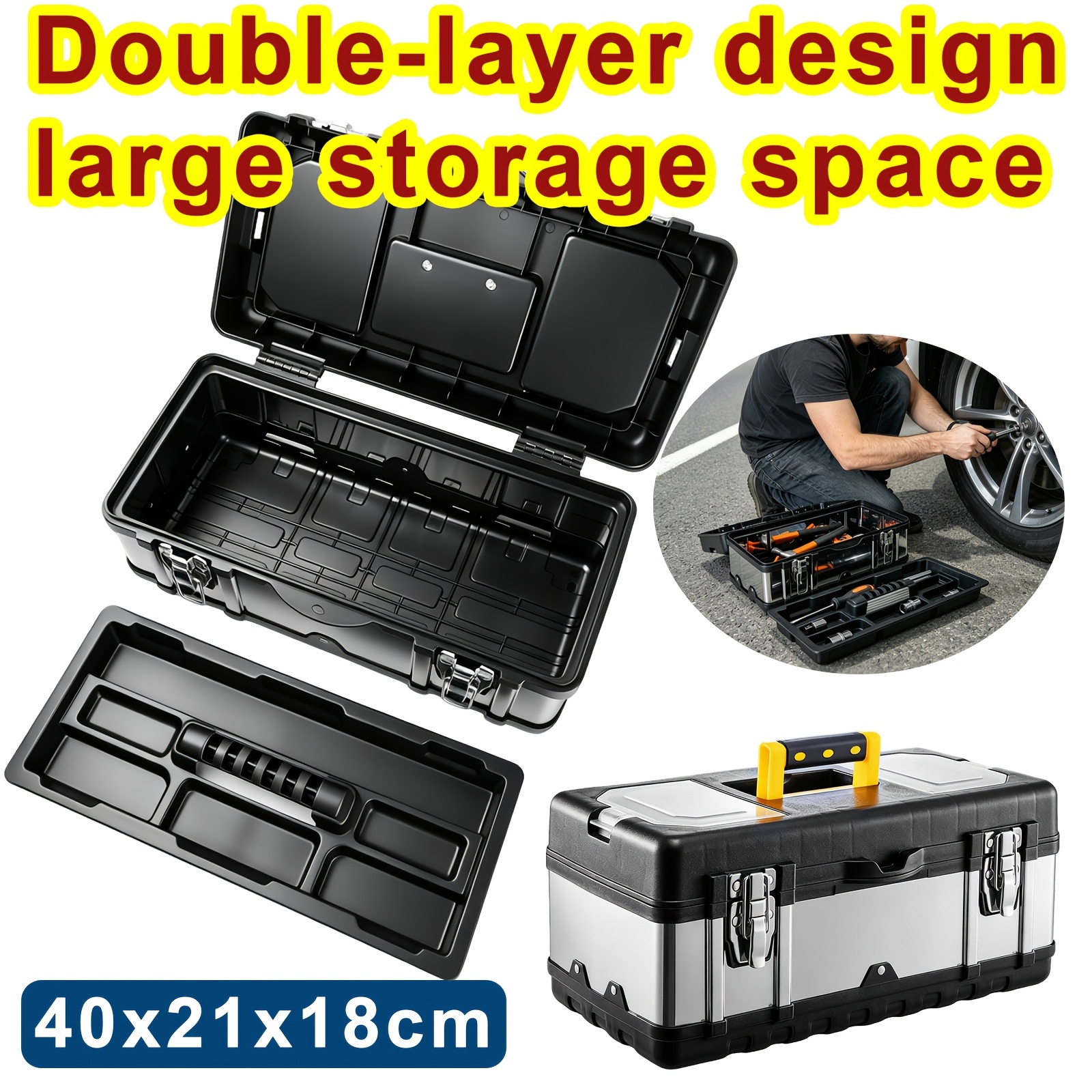 Image of Tool Box Toolbox Storage Heavy Duty Stainless Steel Portable Toolbox With Metal Dual Latch Removable Tray Storage Case With Tray And Latch For Small Parts For Tools