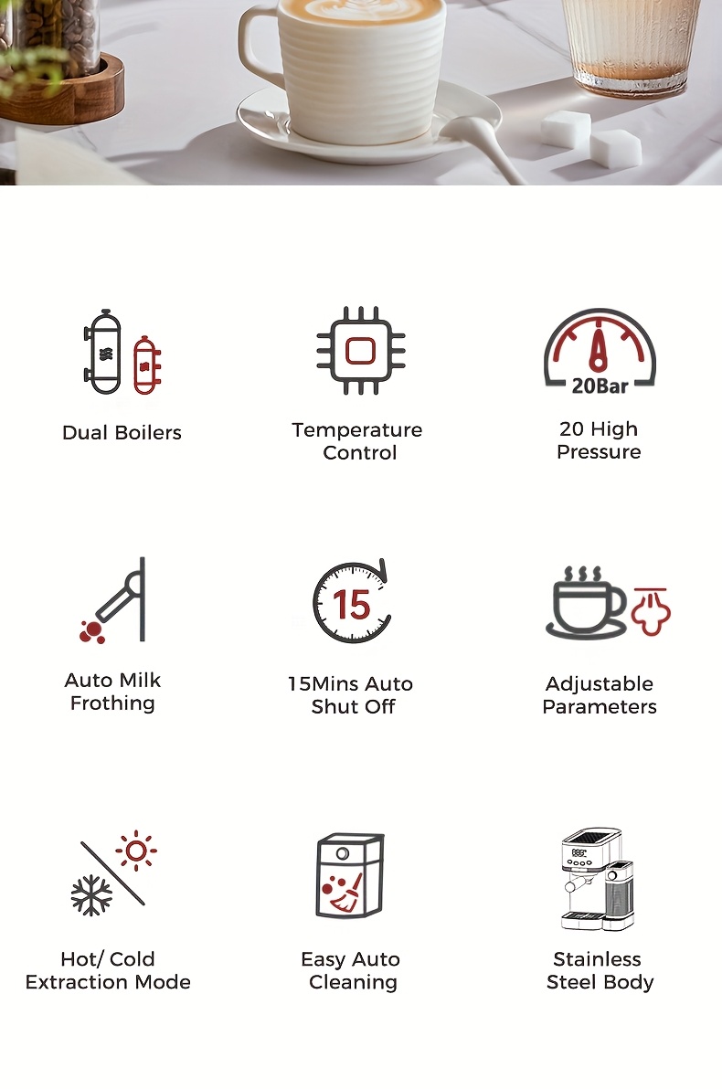 CAFELFFE Semi-Automatic Espresso Machine MK801 with Automatic Milk Frothing System, One-Touch Operation for Espresso, Latte & Cappuccino, 20BAR High Pressure, 1.3L Water Tank & 0.7L Milk Tank, Self-Cleaning Function, 1350W Power, 220-240V, Italian Semi-Automatic Coffee Maker with Digital Display & Temperature Control, Compact Design for Home & Office Use, Ideal for Coffee Lovers & Small Businesses, Cappuccino Machine, Latte Brewing, Modern Espresso, Sleek Coffee Maker, Durable, Coffee