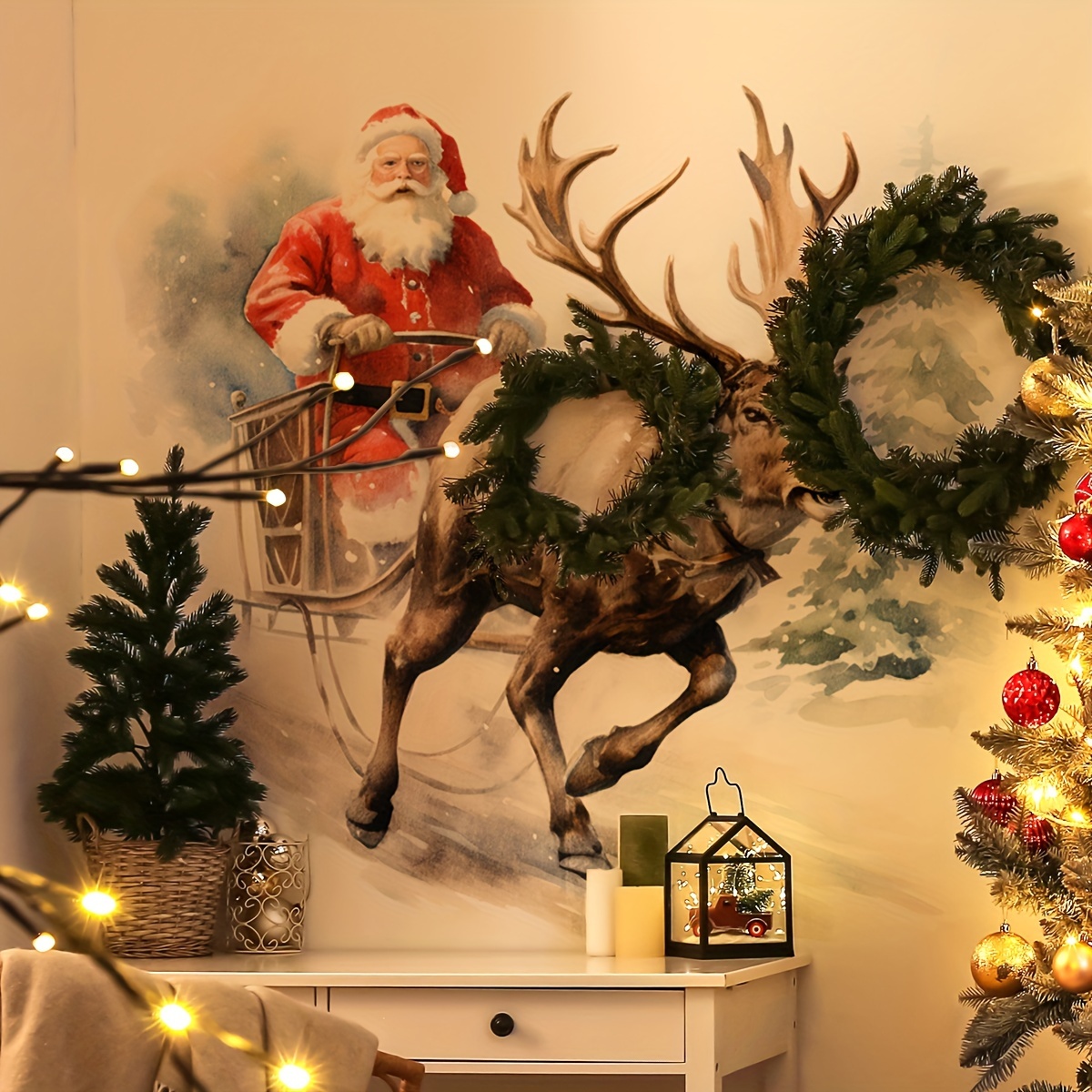 

A Set Of 2pcs 30*60cm*2pcs Christmas Santa Claus Elk Festival Decoration Background Wall Stickers Bedroom Room Living Room Decoration Wall Stickers Self-adhesive Removable Wall Stickers Ms7112-yc