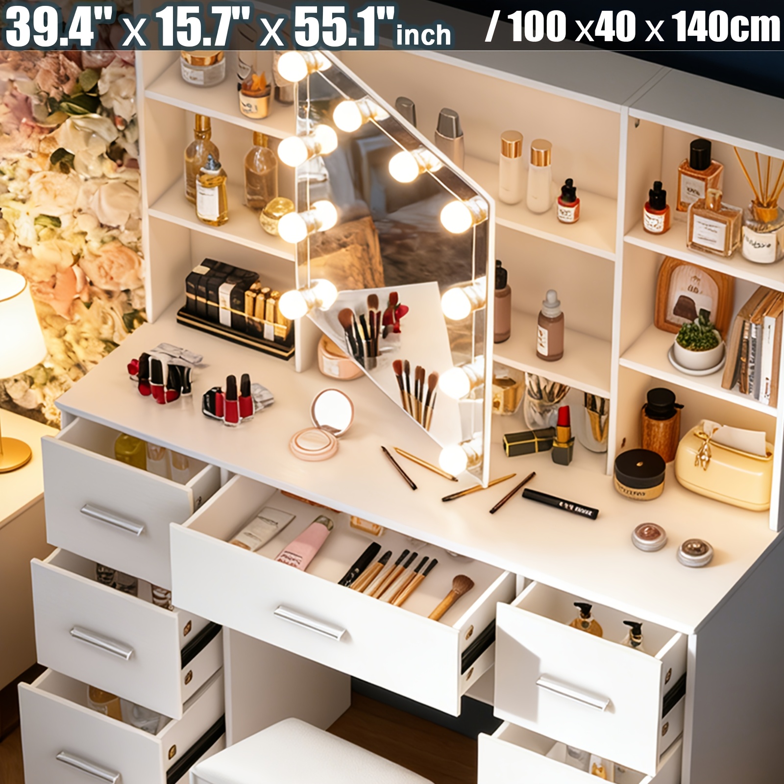 Modern White Vanity Set Featuring An Led Mirror, A Dressing Table With A Stool, Storage Drawers, Tiered Shelves, And An Adjustable Brightness Mirror, Designed To And Perfect For Women