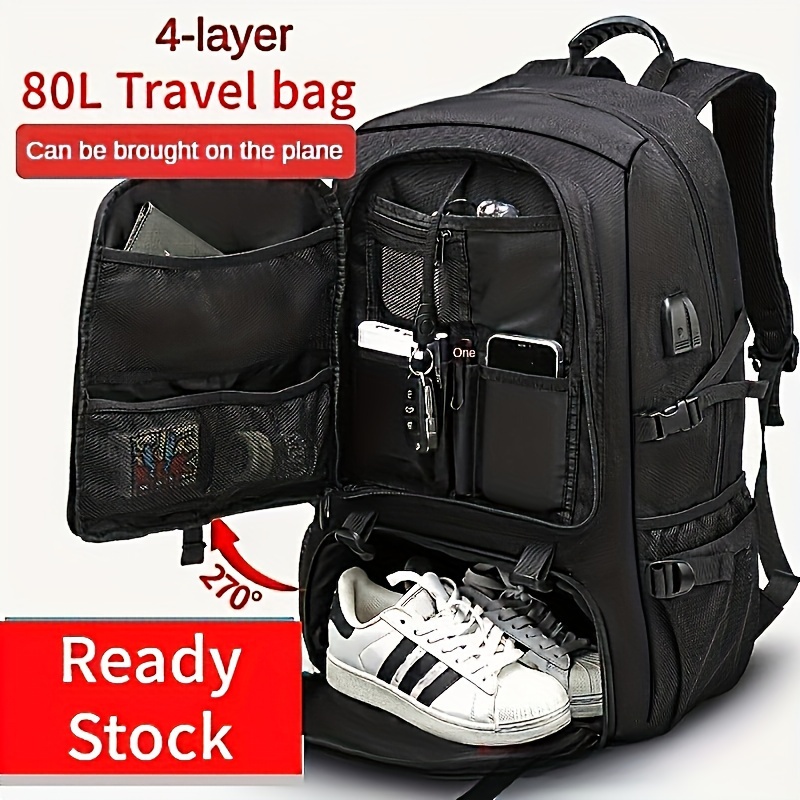 

Large Capacity Travel Backpack With Shoe Compartment - Nylon, Adjustable Straps, Zip Closure - Camping & Laptop Storage