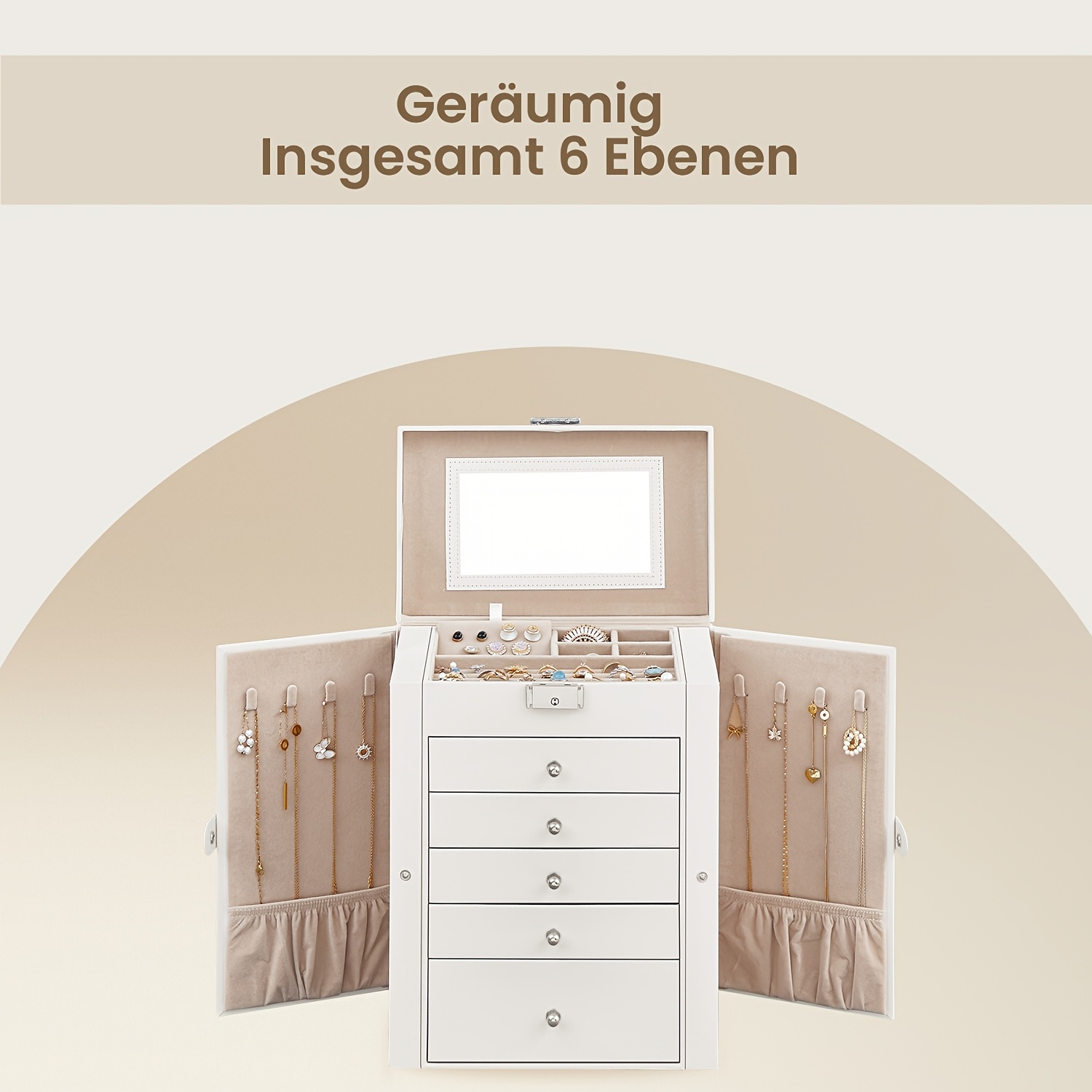 E-shop 6-stöckige, abschließbare Schmuckschatulle mit Spiegel & 5 Schubladen - Weiße, holzoptische Konstruktion, goldenfarbene Hardware, weiche