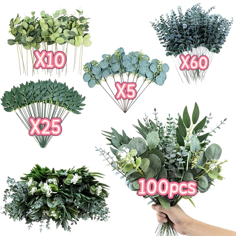 Image of 100pcs Bulk Eucalyptus And Stems Mixed Artificial Flowers, 4 Kinds Of Optional Artificial Eucalyptus Leaves, Flower Bouquet Arrangement Home Decorations, Suitable For Wedding Christmas Decorations