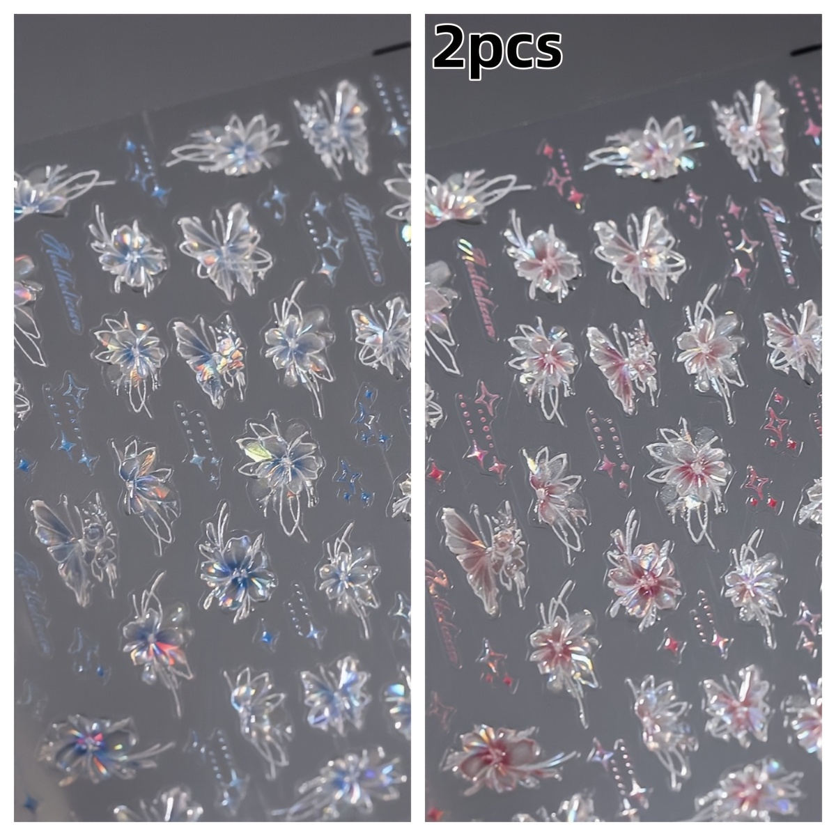 TEMU 2pcs Ice Transparent Glaze Flower Nail Stickers Clear Advanced Wing Dynamic Nail Stickers