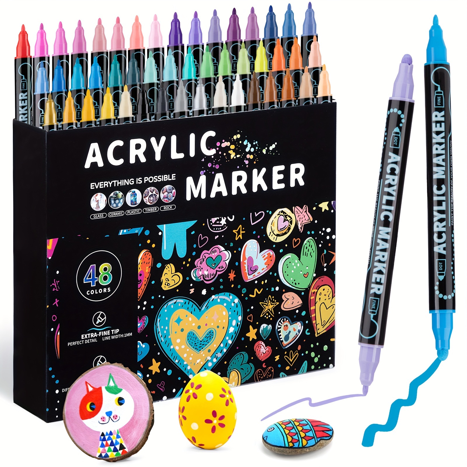 

48/36/24/12pcs Double Tip Acrylic Markers, Waterproof Painting Pens, Markers. 5mm-1mm, Can Write, Draw, Stone, Glass, Wood, Canvas, Items, Very Bright Colors