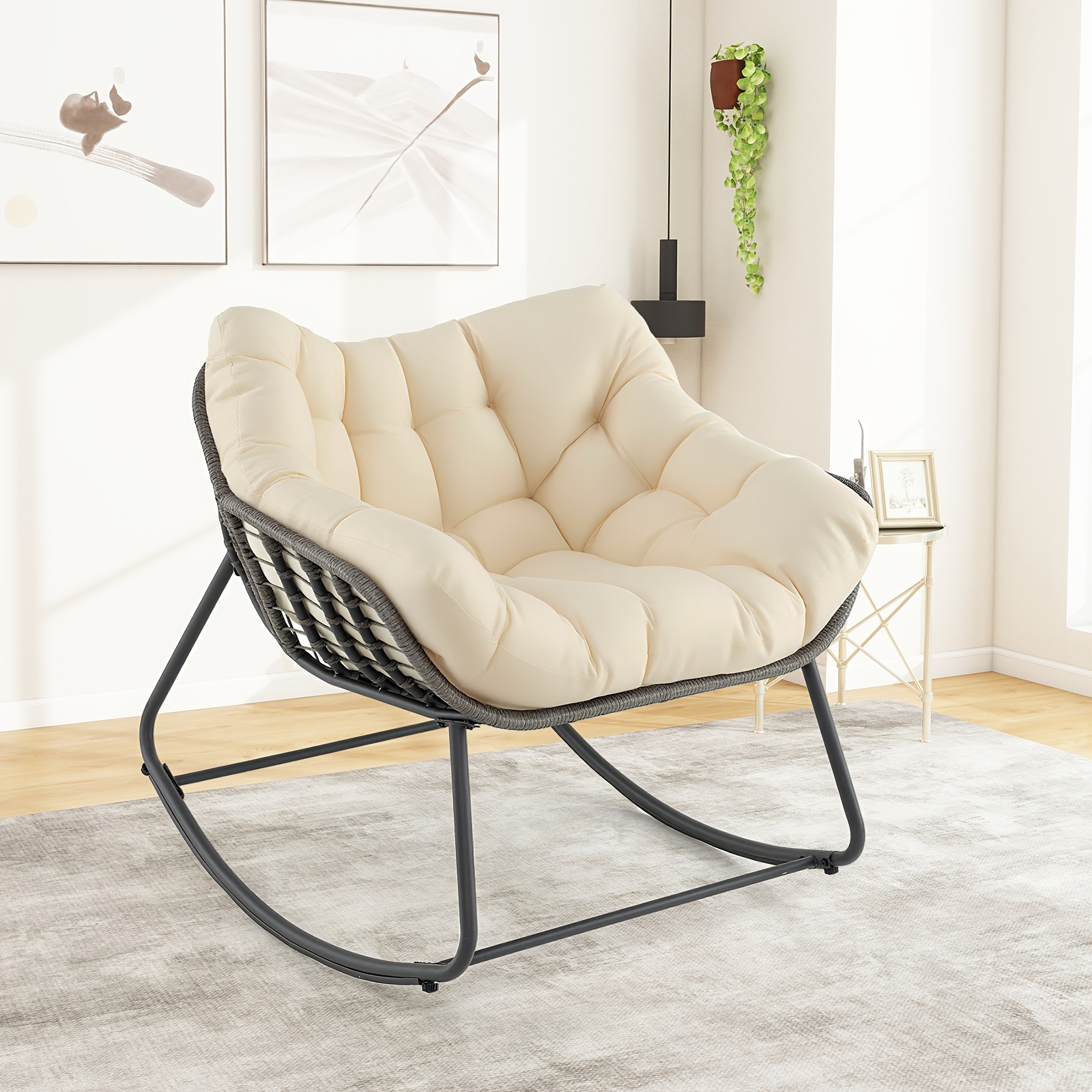 Rocking Chair, Oversized Patio Pe Wicker Egg Chair W/thick & Removable Cushion, Indoor Rattan Papasan Lounge Chair W/heavy Duty Metal Frame For Living Room