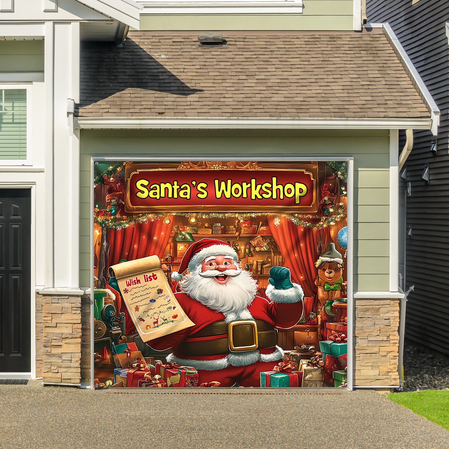 TEMU 1pc Vibrant Santa Claus Gift Garage Door Banner - Christmas Large Outdoor Decoration, Party Backdrops & , Easy To Hang, Perforated
