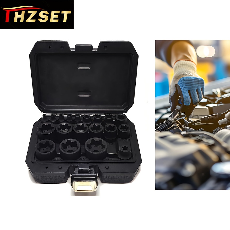 TEMU 19pcs External Socket Set 6 Point Ep Socket Compatible With For , 1/2" 3/8" 1/4'' Drive Female External E- Socket, High Deformation Prevention Puller Tool