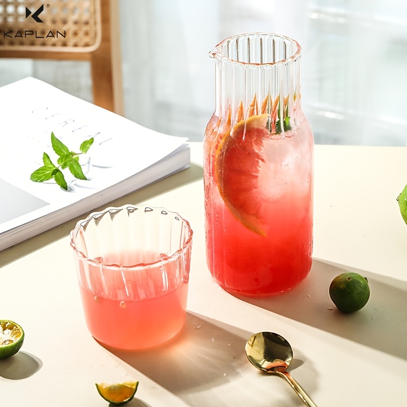 TEMU 1set, Striped Clear Glass Water Bottle, Kettle Glass Cup, Bedside Water Jug Set, Toothbrush Holder, Glass Juice Jug, Suitable For Bedroom Room -