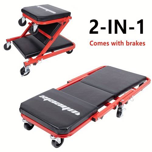 item picture mechanic creeper 3 in 1 2 in 1 2 in 1 with brakes mode z seat 340lbs capacity foldable garage adjustable rolling folding with 6pcs wheels roller lay down sit under car auto repair red black