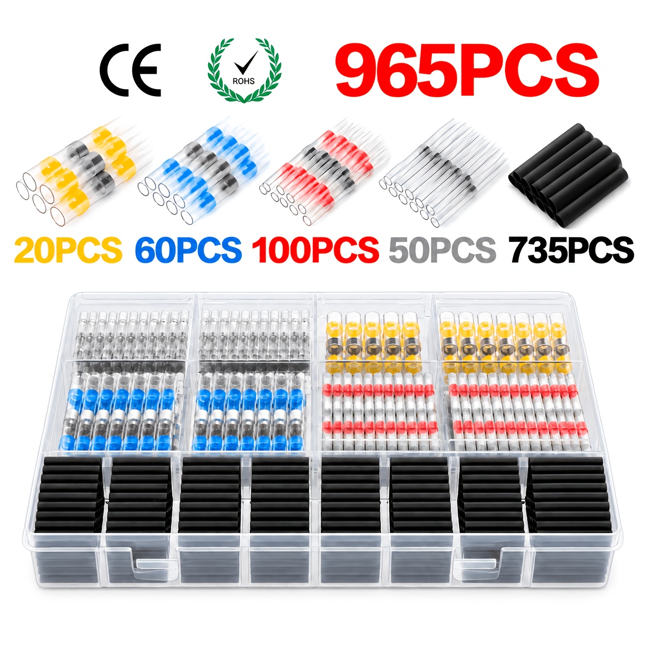 TEMU 965pcs Durable Electrical Terminals Kit - Heat Shrink Splices, Solder Seal Wire Connectors & Tube Sleeves For Boats, Vehicles & Motorcycles -