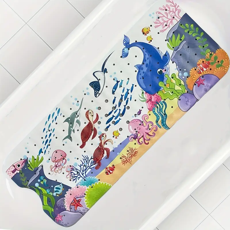 1pc cartoon long bath mat bathtub mat non slip for bath shower anti slip x 16in with drain holes and suction cups machine washable turtles whales ocean theme home decor Product details 0