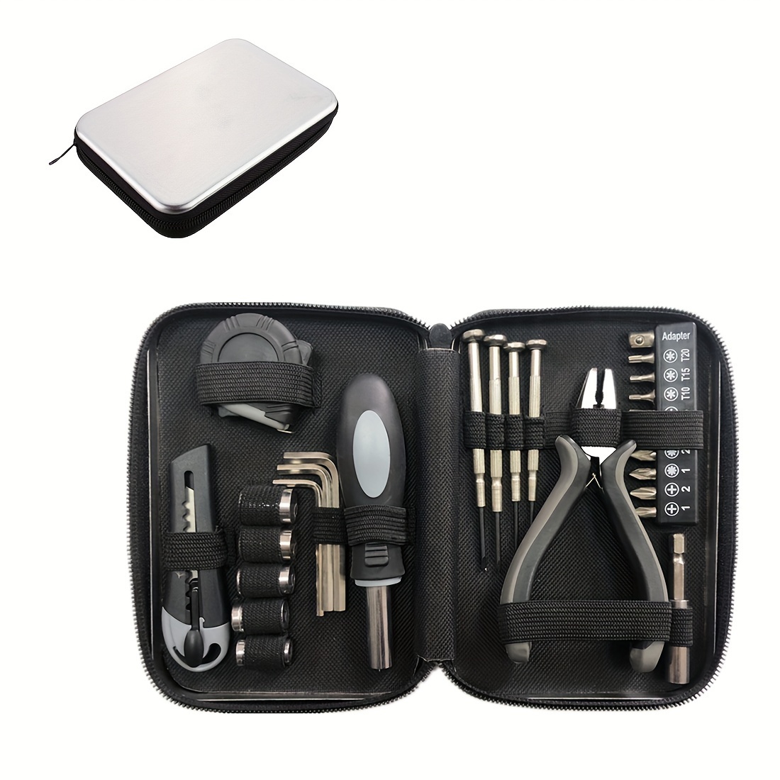 27 piece portable manual tool set with metal case multi function hand tool kit with screwdrivers hex wrenches box cutter tape measure pliers compact household repair tools no electricity required Product details 3