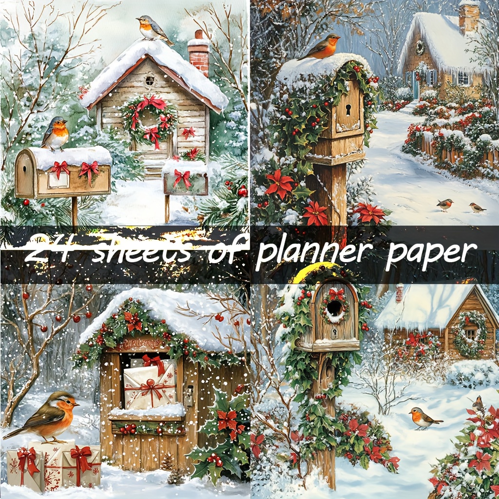 24 feuilles de papier scrapbooking de noël victorien compatible pour journaux junk, fabrication de cartes &   diy - scènes dhiver victoriennes avec boîte aux lettres rouge, poinsettia, roses, gaufrage en   & texture de neige vieillie - papier de cottage victorien pour collage 24