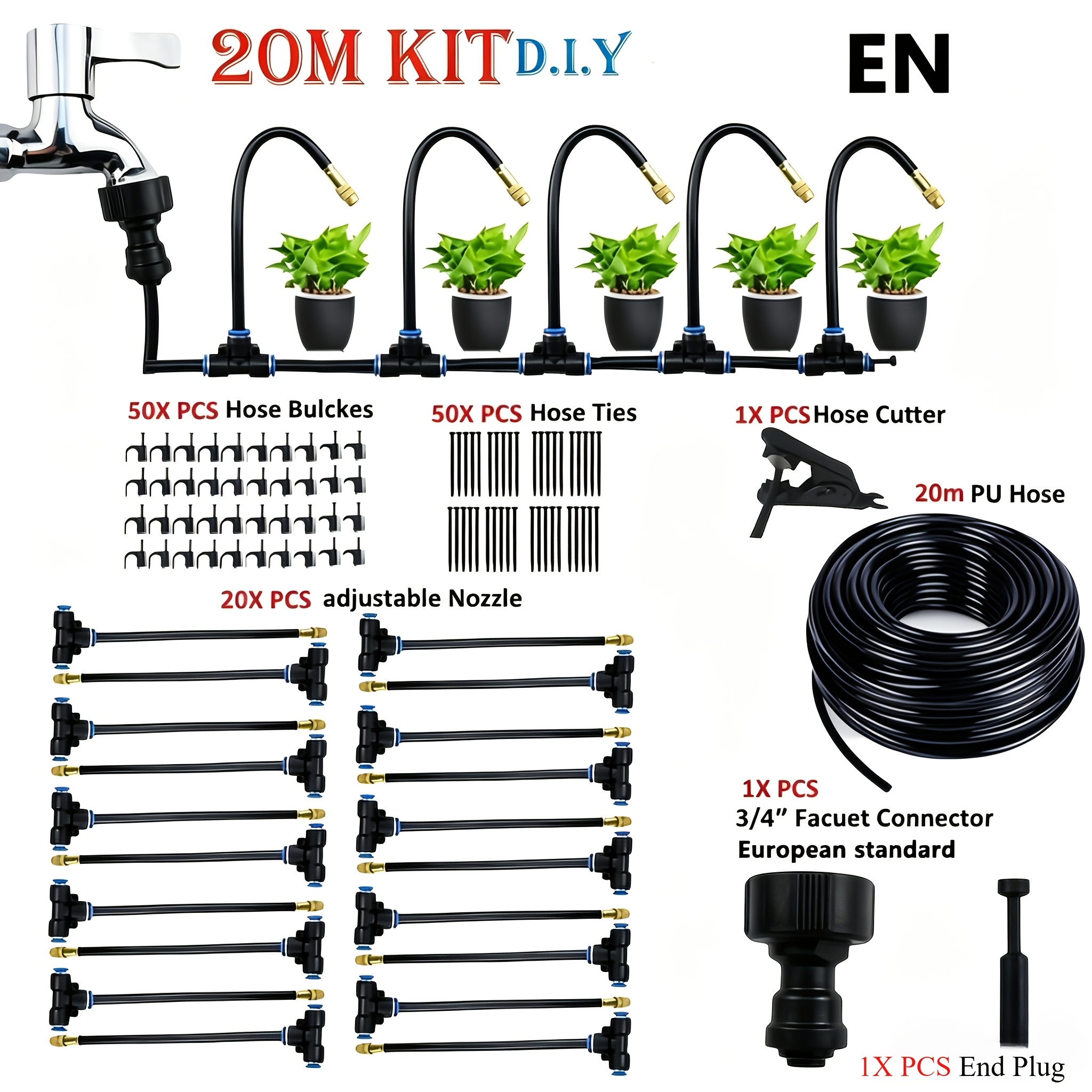 20m Micro Drip Irrigation Kit With Adjustable 7.87" Mist Nozzle - Automatic Watering System For Efficient Balcony And Greenhouse Gardening, Standard, No Electricity Required
