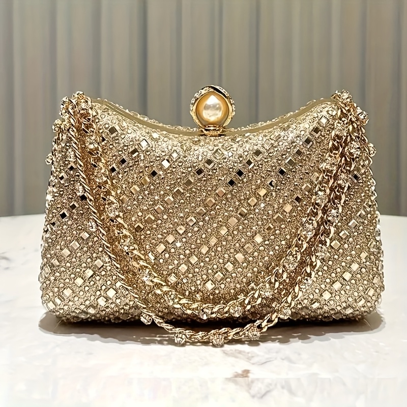 Image of Shiny Rhinestone Golden Clutch Bag With Sparkling Strap, Elegant Evening Handbag - Lining, Perfect For Weddings, & Formal Events, Evening Event Accessory, Sophisticated Design, Shimmering Finish