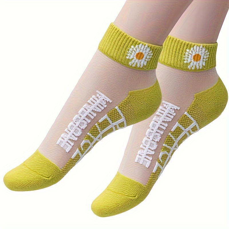 

7 Pairs Daisy & Cartoon Face Socks, Lightweight & Breathable Ankle Socks, Women's Stockings & Hosiery