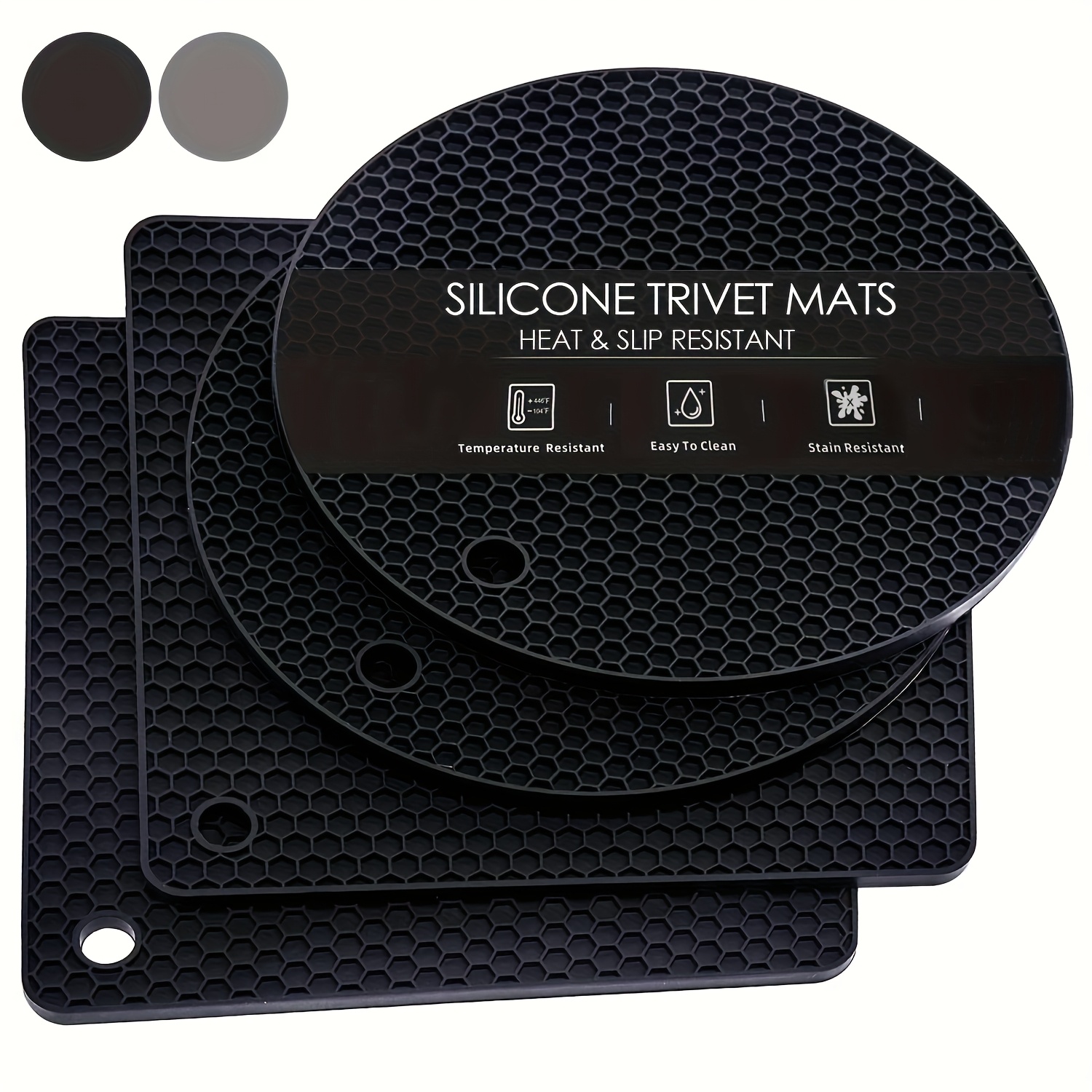 

4pcs Black Silicone Trivets & Pot Holders - Non-slip, Heat Resistant Kitchen Mats For Counters | Soft, Drying Pads With Jar Opener & Coasters