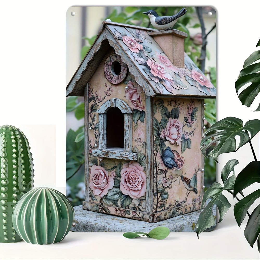 

1pc Aluminum Birdhouse And Floral Design Metal Sign, Weather-resistant Wall Art For Home, Bar, And Cafe Decoration - 8x12 Inch