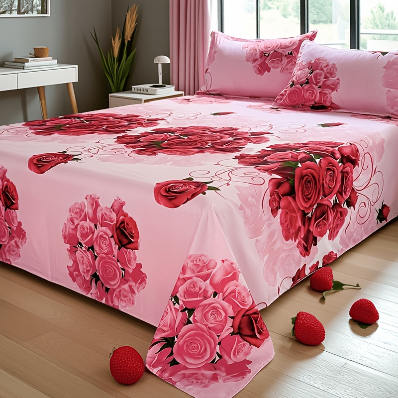 TEMU 1pc Bed Sheet, Romantic Rose Printed Bed Sheet (pillowcase Not Included)