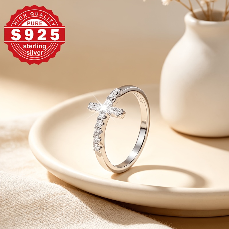 Women's S925 Silver Simple Cross Design Ring