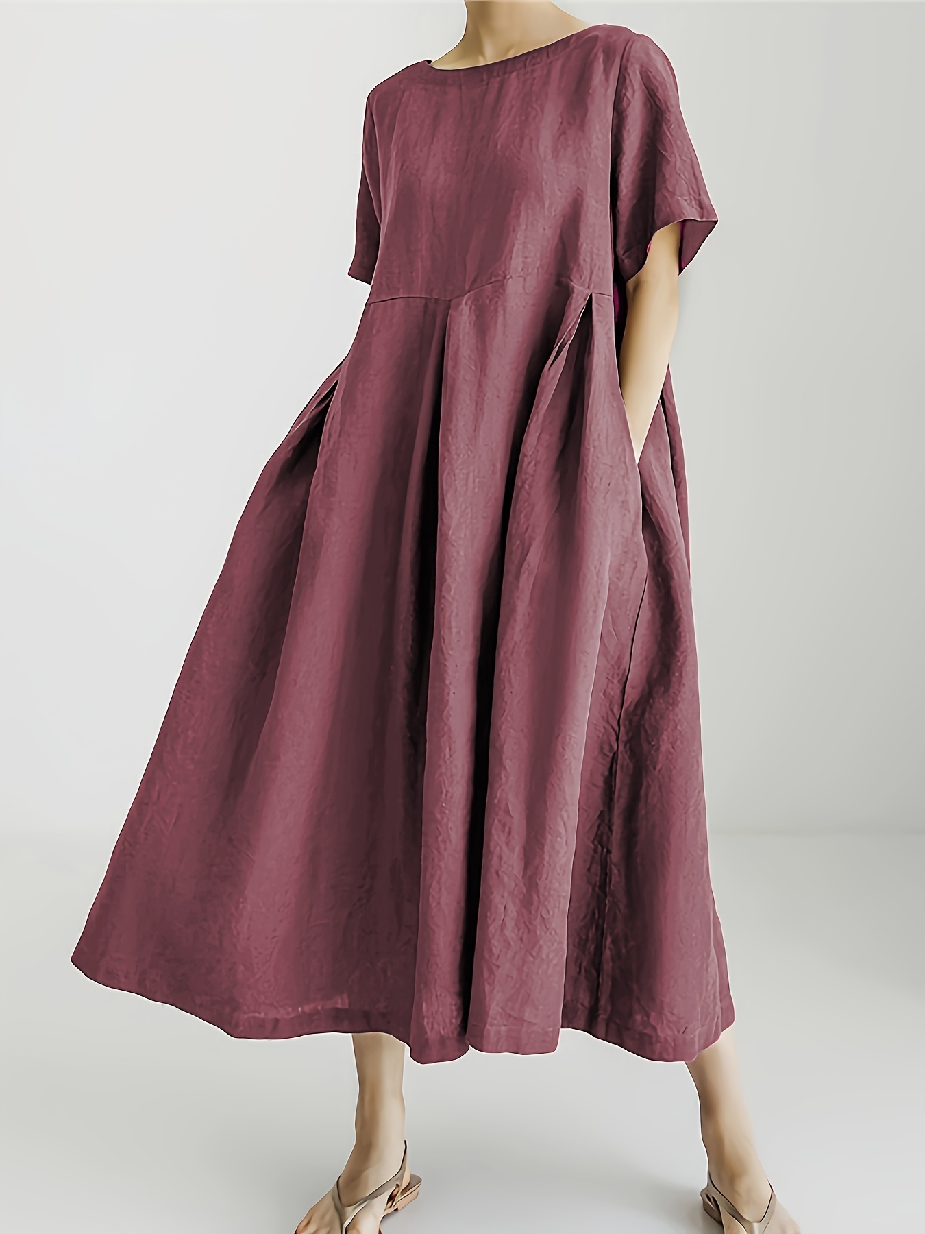 womens casual loose fit midi dress olive green linen fabric round neck short sleeve a line silhouette spring summer fashion for vacation and leisure casual vacation attire sleeveless outfit minimalist style burgundy 0