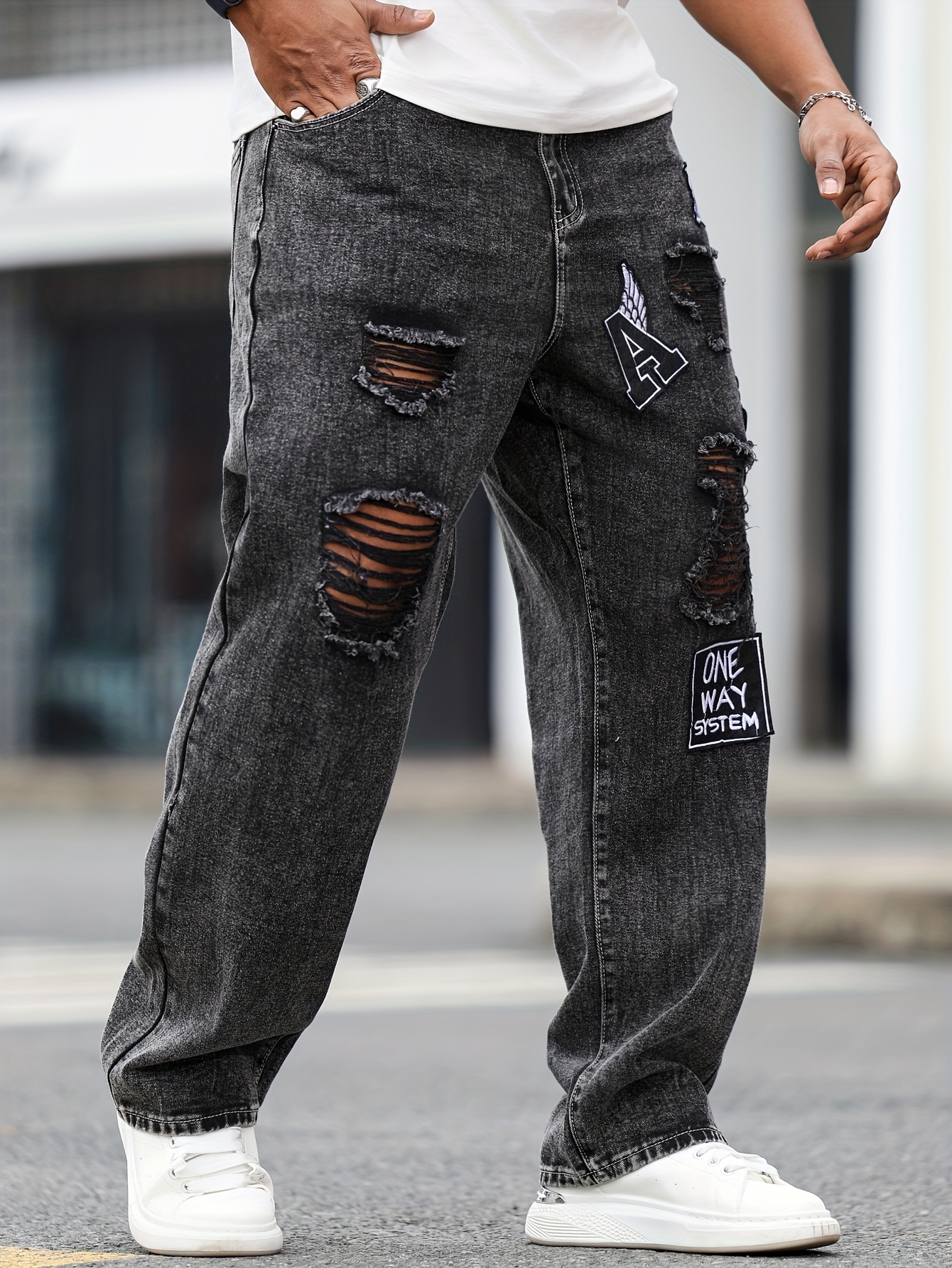 Plus Size Black Distressed Jeans Mens Men's Plus Size Loose Fit