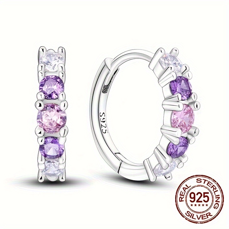 

1 Pair S925 Sterling Silver Trendy Pink Purple Color Gradient Hoop Earrings Sparkly Zircon Decor Elegant Luxury Style Delicate Female Gift Wedding Party Jewelry