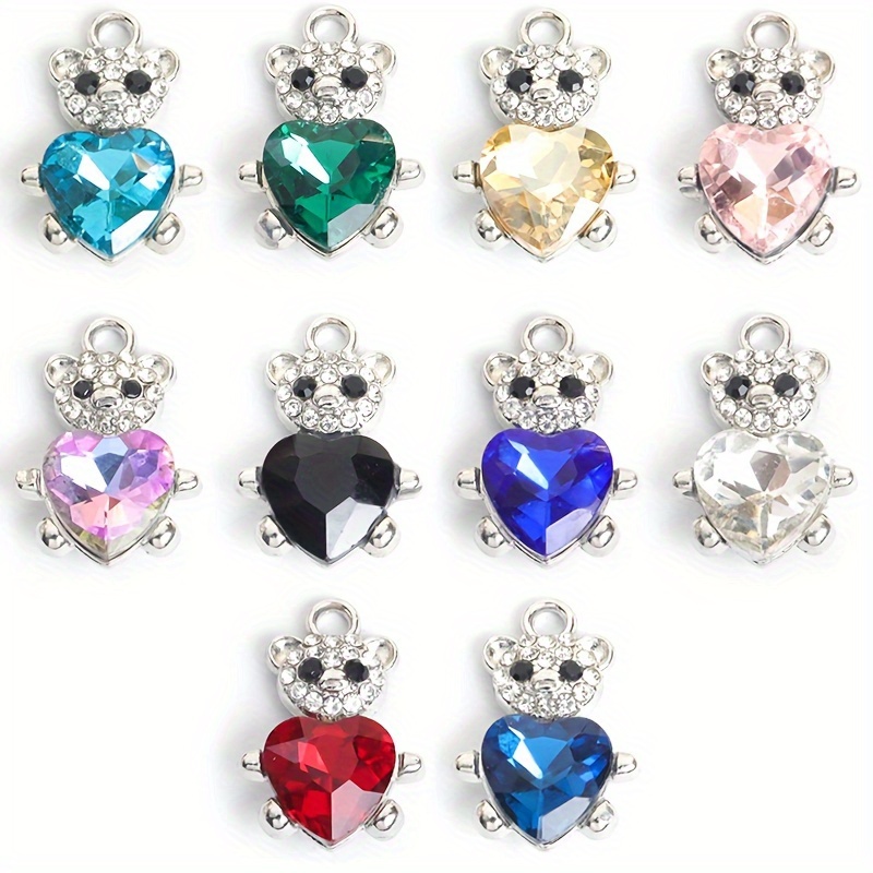 E-shop 10er-Pack mehrfarbige Strass-Teddybär-Anhänger, Zinklegierungs-Anhänger für modische Halsketten, Pulloverketten, Ohrringe, Kleidung und