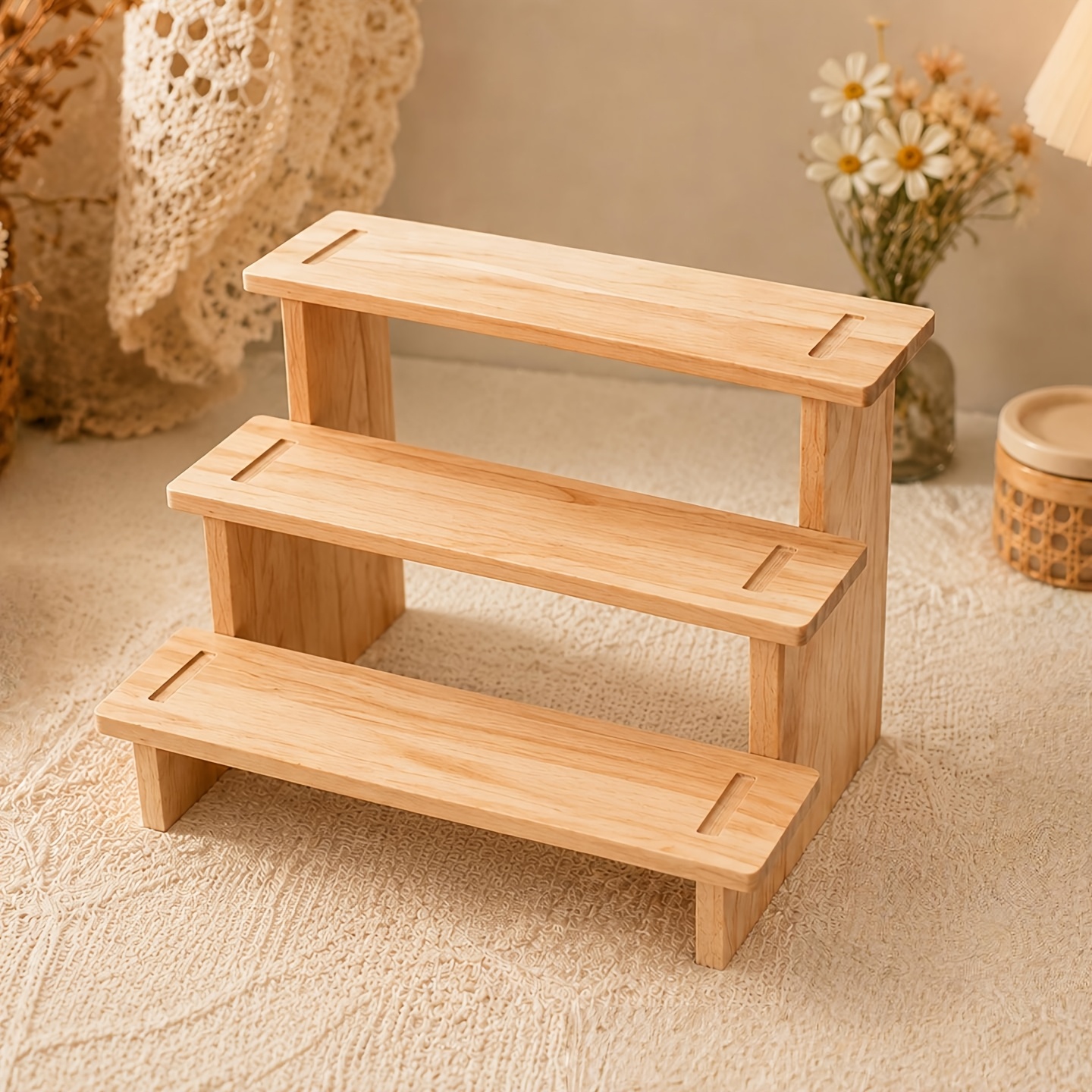 TEMU 3-tier Wood Shelving Unit - Multifunctional Tabletop Display Rack Suitable For Jewelry Storage, Dolls, Figurines & Plant Stands, Space-saving