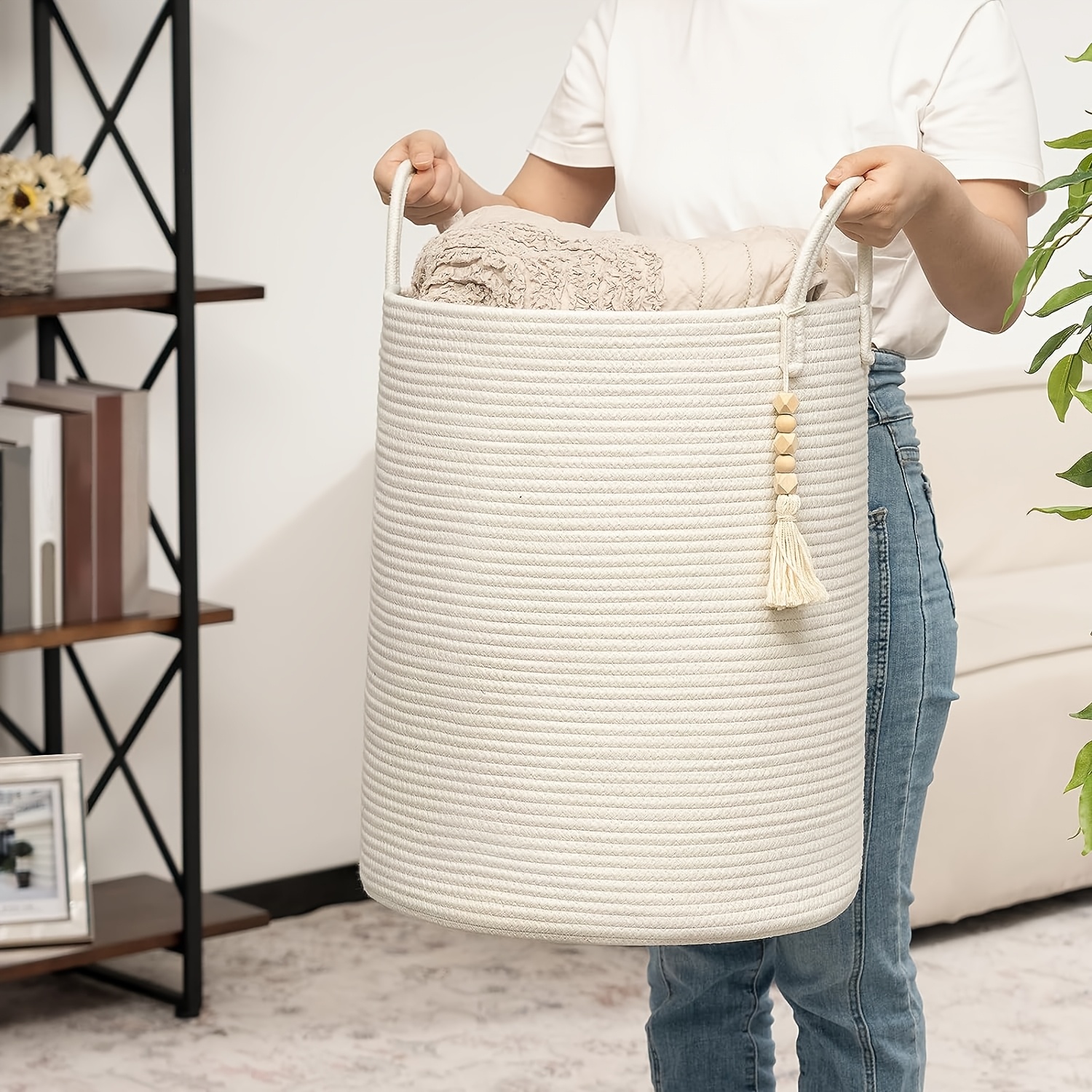 Large 65L Woven Rope Laundry Basket, Tall Hamper for Storing Dirty Clothes, Blankets, And, Ideal for Organizing in Bedrooms And Living Rooms - Collapsible - Beige, Shelf Baskets