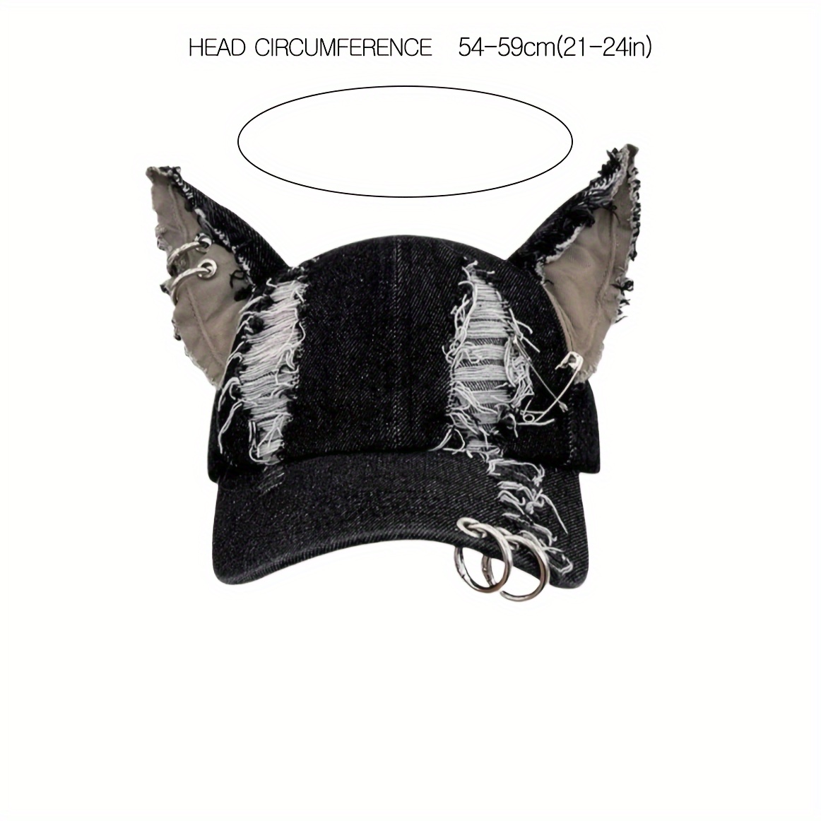Casquette Baseball Oreilles De Chat Noir Déchiré Y2K – Style Punk Grunge Avec Cerceau Métal, Protection Solaire, Taille Unique