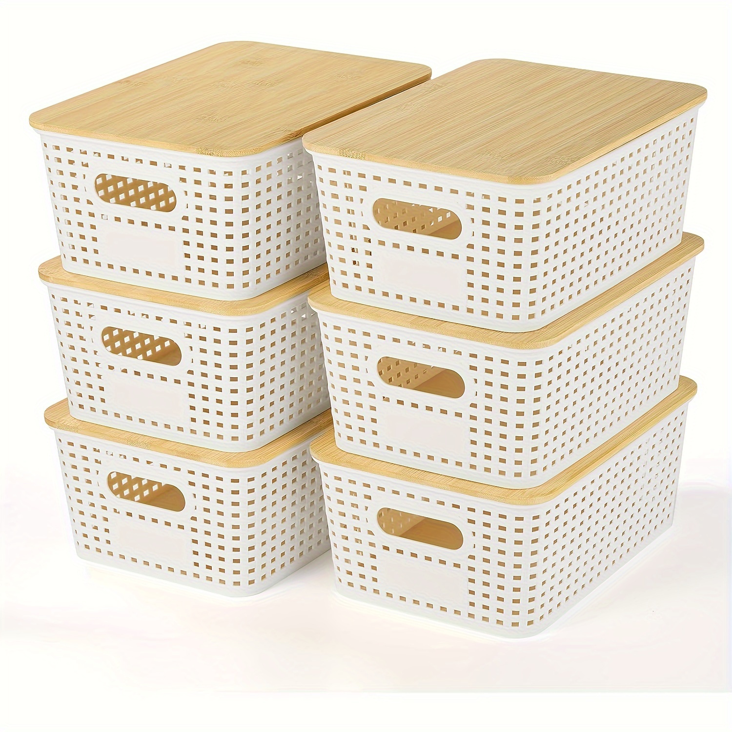 

6pcs Modern Stackable Storage Bins With Bamboo - Plastic Organizer Containers For Shelves, Drawers, Closet, Playroom, Classroom & Office, Storage Bins For