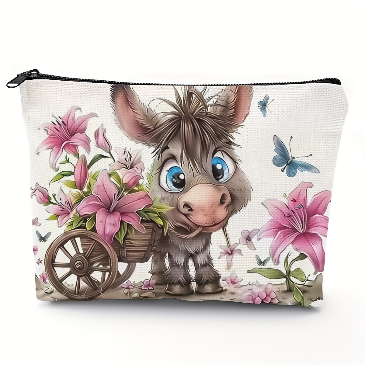 

1pc Cute Cartoon Donkey With Flowers Design, Polyester Cosmetic Pouch, 5.51x8.66 Inches (14x22cm), Zippered Makeup Bag, Casual Style Travel Toiletry Organizer, Ideal Gift For Friends