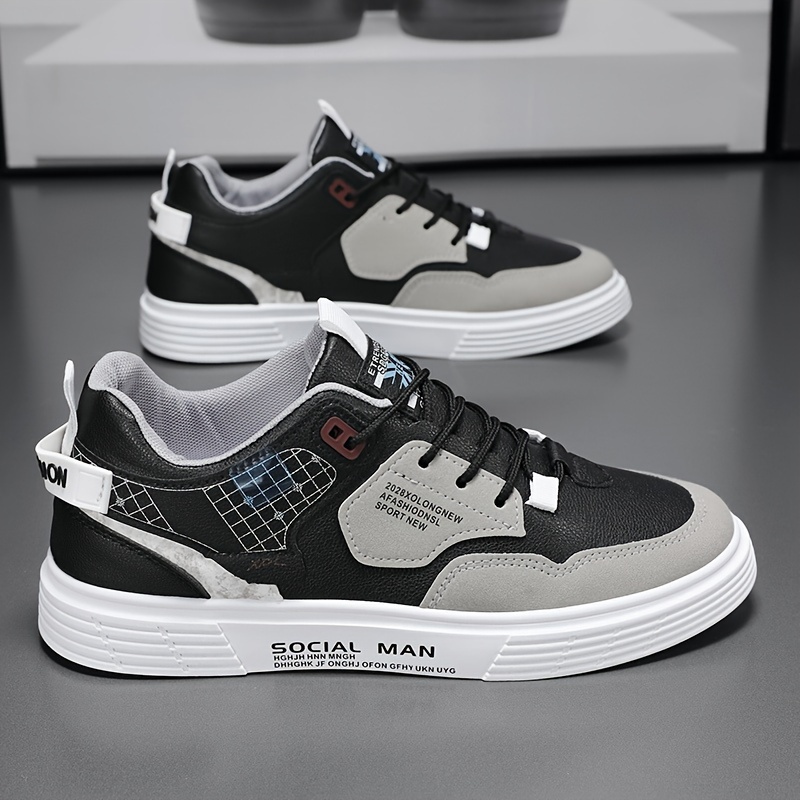 

Men's Casual Sneakers With Design, Comfortable Non-slip Sports Shoes For Outdoor Activities, Low Top Lace-up Skate Shoes With Fabric , Pu Upper, Pvc Sole - Preppy, Athletic, Solid & Patterns